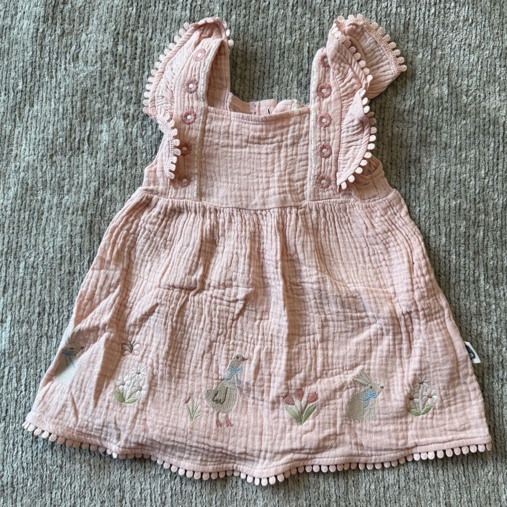Rabbit‎ + Bear Organic Pink Muslin Embroidered Dress 6–9M Easter Bunny Spring